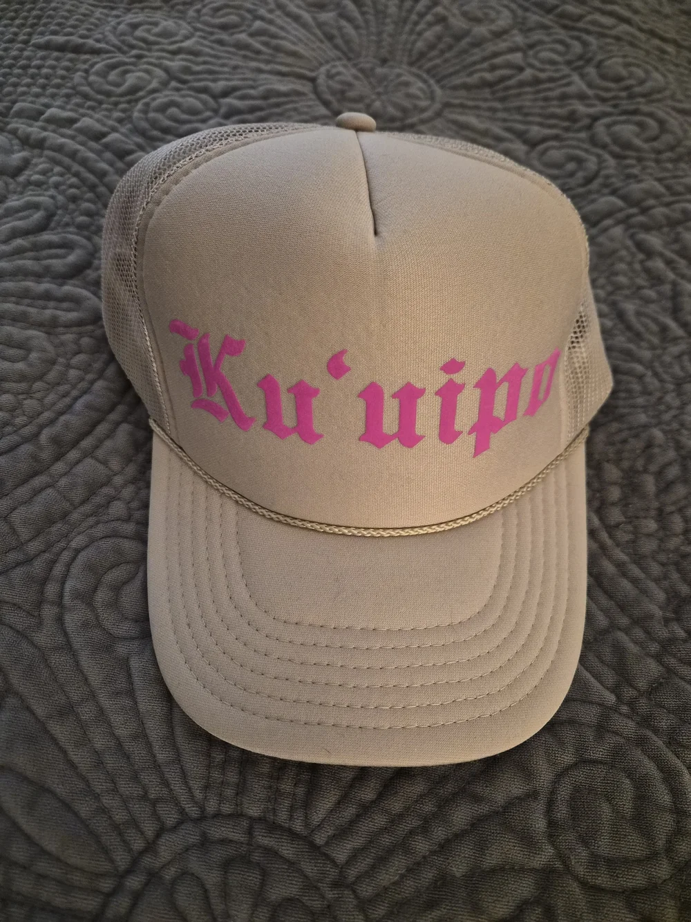 ALOHA Collection Beige Trucker Hat with Pink Ku'uipo Logo